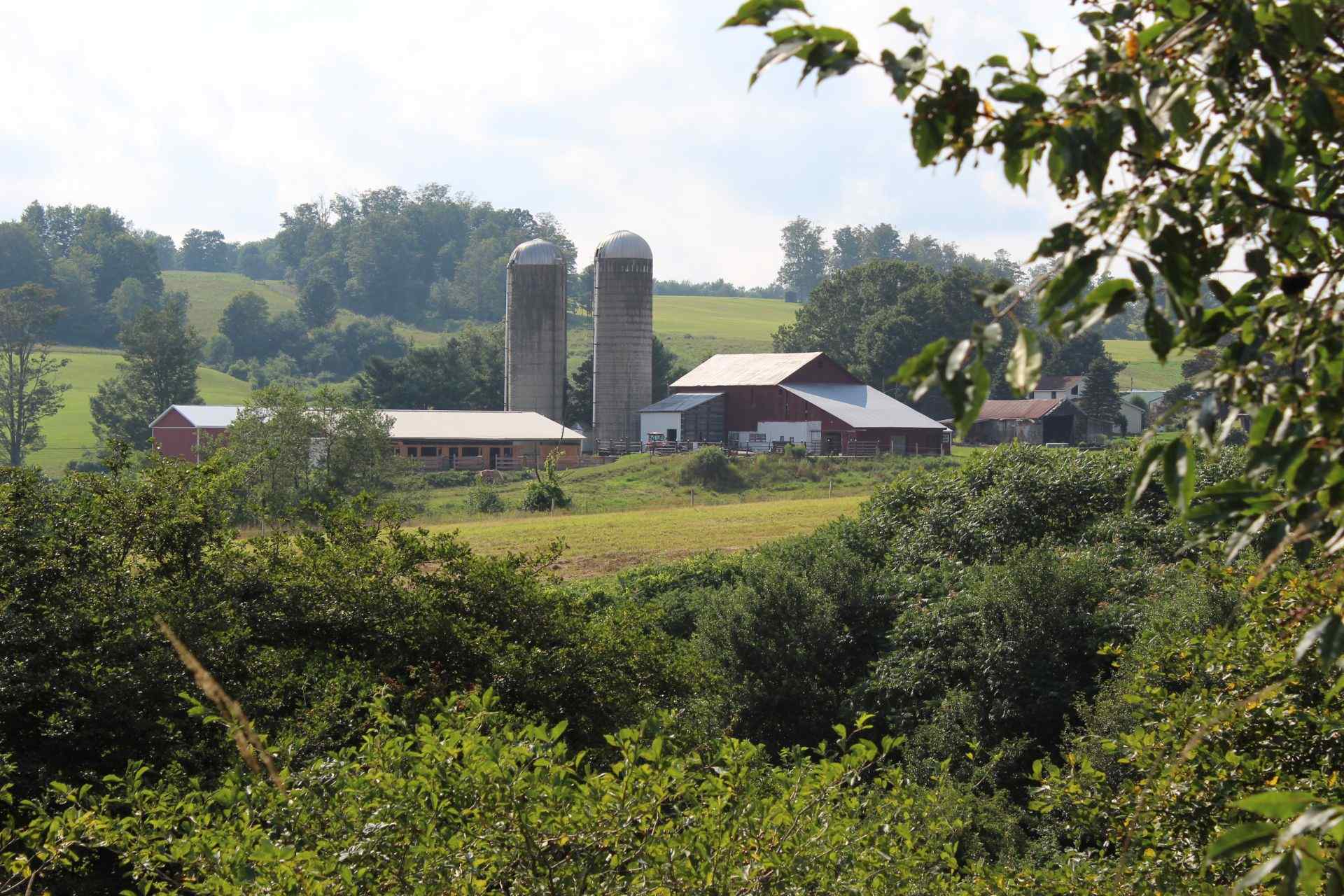 A farm with two silos and a large barn.