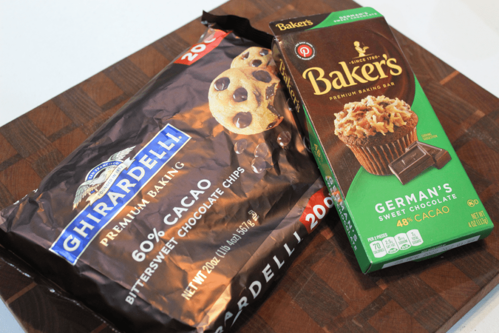 bag of ghirardelli bittersweet ships and Baker's German chocolate bard